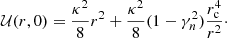 Mathematical equation: $$ \begin{aligned} \mathcal{U} (r,0) = \frac{\kappa ^2}{8} r^2+ \frac{\kappa ^2}{8} (1-\gamma _n^2) \frac{r_{\rm c}^4}{r^2}\cdot \end{aligned} $$