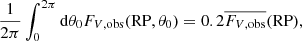 $$ \begin{aligned} \frac{1}{2\pi }\int _0^{2\pi }\mathrm{d}\theta _0 F_{V,\mathrm{obs}}(\mathrm{RP},\theta _0) = 0.2\overline{F_{V,\mathrm{obs}}}(\mathrm{RP}) , \end{aligned} $$