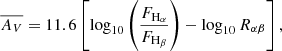 $$ \begin{aligned} \overline{A_V}=11.6\left[\log _{10}\left(\frac{F_{\rm H_\alpha }}{F_{\rm H_\beta }}\right)-\log _{10} R_{\alpha \beta }\right] , \end{aligned} $$