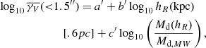$$ \begin{aligned} \log _{10}\overline{\gamma _V}({ < }1.5^{\prime \prime })\ {=}\ &a^\prime +b^\prime \log _{10}h_R(\mathrm{kpc})\\[.6pc]&+c^\prime \log _{10}\left(\frac{M_{\rm d}(h_R)}{M_{\mathrm{d},MW}}\right),\nonumber \end{aligned} $$
