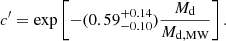 $$ \begin{aligned} c^\prime =\exp \left[-(0.59^{+0.14}_{-0.10})\frac{M_{\rm d}}{M_{\rm d,MW}}\right]. \end{aligned} $$