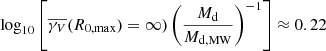 $$ \begin{aligned} \log _{10}\left[\overline{\gamma _V}(R_{0,\mathrm{max}}) = \infty )\left(\frac{M_{\rm d}}{M_{\rm d,MW}}\right)^{-1}\right]\approx 0.22 \ \ \ \ \ \end{aligned} $$