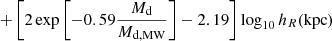 $$ \begin{aligned} +\left[2\exp \left[-0.59\frac{M_{\rm d}}{M_{\rm d,MW}}\right] -2.19\right] \log _{10}h_R(\mathrm{kpc}) \end{aligned} $$