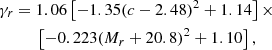 $$ \begin{aligned} \gamma _r\ {=}\ &1.06\left[-1.35(c-2.48)^2+1.14\right]\times \\&\left[-0.223(M_r+20.8)^2+1.10\right] ,\nonumber \end{aligned} $$