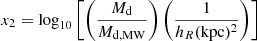 $ x_2=\log_{10}\left[\left(\frac{M_{\mathrm{d}}}{M_{\mathrm{d,MW}}}\right)\left(\frac{1}{h_R(\mathrm{kpc})^2}\right)\right] $