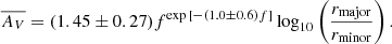 $$ \begin{aligned} \overline{A_V}=(1.45\pm 0.27)f^{\exp {[-(1.0\pm 0.6)f}]} \log _{10}\left(\frac{r_{\rm major}}{r_{\rm minor}}\right). \end{aligned} $$