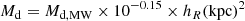 $$ \begin{aligned} M_{\rm d}=M_{\rm d,MW}\times 10^{-0.15}\times h_R(\mathrm{kpc})^2 \end{aligned} $$