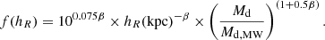 $$ \begin{aligned} f(h_R) = 10^{0.075\beta }\times h_R(\mathrm{kpc})^{-\beta }\times \left(\frac{M_{\rm d}}{M_{\rm d,MW}}\right)^{(1+0.5\beta )} . \end{aligned} $$
