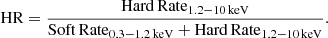 Mathematical equation: $$ \begin{aligned} \mathrm{HR} = \frac{\mathrm{Hard\,Rate}_{1.2{-}10\,\mathrm{keV} }}{\mathrm{Soft\, Rate}_{0.3{-}1.2\,\mathrm{keV} }+\mathrm{Hard\,Rate}_{1.2{-}10\,\mathrm{keV} }} .\end{aligned} $$