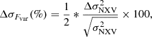 Mathematical equation: $$ \begin{aligned} \Delta \sigma _{F_{\rm var}} (\%) = \frac{1}{2}*\frac{\Delta \sigma _{\rm NXV}^2}{\sqrt{\sigma ^2_{\rm NXV}}} \times 100 ,\end{aligned} $$