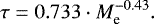 \begin{equation*} \tau = 0.733 \cdot M_{\textrm{e}}^{-0.43}.\end{equation*}
