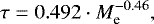 \begin{equation*} \tau = 0.492 \cdot M_{\textrm{e}}^{-0.46},\end{equation*}