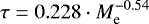 \begin{equation*} \tau = 0.228 \cdot M_{\textrm{e}}^{-0.54}\end{equation*}