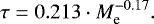 \begin{equation*} \tau = 0.213 \cdot M_{\textrm{e}}^{-0.17}.\end{equation*}
