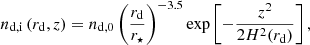 $$ \begin{aligned} n_{\mathrm{d,i}}\left(r_{\rm d}, z \right) = n_{\mathrm{d},0}\left( \frac{r_{\rm d}}{r_{\star }} \right)^{-3.5}\exp \left[ -\frac{z^2}{2H^2(r_{\rm d})} \right], \end{aligned} $$