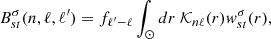 Mathematical equation: $$ \begin{aligned} B^{\sigma }_{st}(n,\ell ,\ell ^{\prime })=f_{\ell ^{\prime }-\ell }\int _\odot dr\ \mathcal{K} _{n\ell }(r)w^{\sigma }_{st}(r), \end{aligned} $$