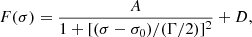 Mathematical equation: $$ \begin{aligned} F(\sigma )=\frac{A}{1+[(\sigma -\sigma _0)/(\Gamma /2)]^2}+D, \end{aligned} $$