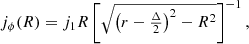 Mathematical equation: $$ \begin{aligned}&j_\phi (R) = j_1R\left[\sqrt{\left(r-\tfrac{\Delta }{2}\right)^2-R^2}\right]^{-1}, \end{aligned} $$