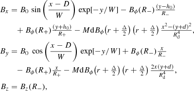 Mathematical equation: $$ \begin{aligned} B_x&= B_0\,\sin \left(\frac{x-D}{W}\right)\,\exp [-y/W]-B_\phi (R_-)\tfrac{(y-h_0)}{R_-}\nonumber \\&\quad +B_\phi (R_+)\tfrac{(y+h_0)}{R_+}-M\mathrm{d}B_\phi {\left(r+\tfrac{\Delta }{2}\right)}\left(r+\tfrac{\Delta }{2}\right)\tfrac{x^2-(y+d)^2}{R_{\rm d}^4},\nonumber \\ B_y&= B_0\ \cos \left(\frac{x-D}{W}\right)\,\exp [-y/W] + B_\phi (R_-)\tfrac{x}{R_-}\nonumber \\&\quad -B_\phi (R_+)\tfrac{x}{R_+}-M\mathrm{d}B_\phi {\left(r+\tfrac{\Delta }{2}\right)}\left(r+\tfrac{\Delta }{2}\right)\tfrac{2x(y+d)}{R_{\rm d}^4},\nonumber \\ B_z&= B_{{z}}(R_-), \end{aligned} $$