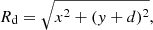 Mathematical equation: $$ \begin{aligned}&R_{\rm d} = \sqrt{x^2+(y+d)^2}, \end{aligned} $$