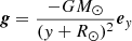 Mathematical equation: $ \boldsymbol{g} =\frac{-G M_\odot}{(y + R_\odot)^2}\boldsymbol{e}_y $