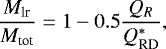 \begin{equation*} \frac{M_{\textrm{lr}}}{M_{\textrm{tot}}} = 1-0.5 \frac{Q_R}{Q^*_{\textrm{RD}}},\end{equation*}