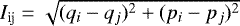 $I_{\textrm{ij}} = \sqrt{(q_i - q_j)^2 + (p_i - p_j)^2}$