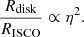 Mathematical equation: $$ \begin{aligned} \frac{R_{\rm disk}}{R_{\rm ISCO}} \propto \eta ^2. \end{aligned} $$