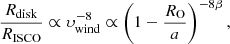 Mathematical equation: $$ \begin{aligned} \frac{R_{\rm disk}}{R_{\rm ISCO}} \propto \upsilon _{\rm wind}^{-8} \propto \left(1 - \frac{R_{\rm O}}{a}\right)^{-8\beta }, \end{aligned} $$