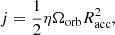 Mathematical equation: $$ \begin{aligned} j = \frac{1}{2} \eta \Omega _{\rm orb} R_{\rm acc}^2, \end{aligned} $$