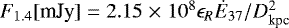 Mathematical equation: $F_{1.4}[\textrm{mJy}]=2.15\;{\times}\; 10^8 \epsilon_R \dot{E}_{37} / D_{\textrm{kpc}}^2$