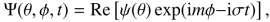 $$ \begin{aligned} \Psi (\theta ,\phi ,t) = \mathrm{Re} \left[\psi (\theta ) \exp ({i} m\phi {-} {i} \sigma t) \right], \end{aligned} $$