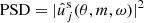 $ \mathrm{PSD} = |\hat{u}_j^{\mathrm{s}}(\theta, m, \omega)|^2 $