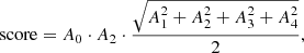 Mathematical equation: $$ \begin{aligned} \mathrm{score} = A_0 \cdot A_2 \cdot \frac{\sqrt{A_1^2 + A_2^2 + A_3^2 + A_4^2}}{2}, \end{aligned} $$