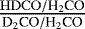 Mathematical equation: $\frac{\mathrm{HDCO}/{\textrm{H}_2\textrm{CO}}}{{\textrm{D}_2\textrm{CO}}/{\textrm{H}_2\textrm{CO}}}$