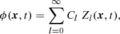 Mathematical equation: $$ \begin{aligned} \phi (\boldsymbol{x},t) = \sum _{l=0}^{\infty }{C_{l}~Z_{l}(\boldsymbol{x},t)}, \end{aligned} $$