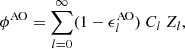 Mathematical equation: $$ \begin{aligned} \phi ^\mathrm{AO} = \sum _{l=0}^{\infty }(1 - \epsilon ^\mathrm{AO}_{l})~C_{l}~Z_{l}, \end{aligned} $$