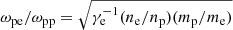 Mathematical equation: $ \omega_{\mathrm{pe}}/\omega_{\mathrm{pp}} = \sqrt{ \gamma_{\mathrm{e}}^{-1} ( n_{\mathrm{e}}/n_{\mathrm{p}} )( m_{\mathrm{p}}/m_{\mathrm{e}} ) } $