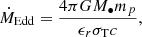 Mathematical equation: $$ \begin{aligned} \dot{M}_{\rm Edd} = \frac{4\pi G {M_\bullet } m_p}{\epsilon _r \sigma _{\rm T} c}, \end{aligned} $$
