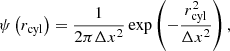 Mathematical equation: $$ \begin{aligned} \psi \left(r_{\rm cyl}\right) = \frac{1}{2\pi \Delta x^2}\exp \left(-\frac{r_{\rm cyl}^2}{\Delta x^2}\right), \end{aligned} $$