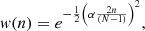 Mathematical equation: $$ \begin{aligned} w(n) = e^{-\frac{1}{2}\left(\alpha \frac{2n}{(N-1)} \right)^2}, \end{aligned} $$
