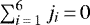 Mathematical equation: $\sum^6_{i\,{=}\,1}{j_i}\,{=}\,0$