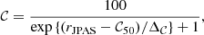 Mathematical equation: $$ \begin{aligned} \mathcal{C} = \frac{100}{\exp {\left\{ (r_\mathrm{JPAS} -\mathcal{C} _{50})/\Delta _\mathcal{C} \right\} } + 1},\ \end{aligned} $$