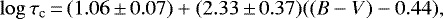 Mathematical equation: \begin{equation*}\log \tau_{\textrm{c}}\,{=}\,(1.06\,{\pm}\,0.07) + (2.33\,{\pm}\,0.37)((B-V) - 0.44), \end{equation*}