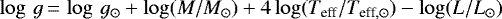 Mathematical equation: \begin{equation*}\log\,g\,{=}\,\log\,g_{\odot}+\log(M/M_{\odot})+4 \log(T_{\textrm{eff}}/T_{\textrm{eff},\odot})-\log(L/L_{\odot}) \end{equation*}
