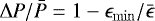 Mathematical equation: $\Delta P / \bar{P} = 1 - \epsilon_{\mathrm{min}}/\bar{\epsilon}$