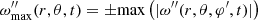 Mathematical equation: $$ \begin{aligned} \omega _{\rm max}^{\prime \prime }(r,\theta ,t) = \pm \mathrm{max}\left(| \omega^{\prime \prime }(r,\theta ,\varphi^\prime ,t)|\right) \end{aligned} $$