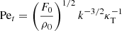 Mathematical equation: $$ \begin{aligned} \mathrm{Pe}_t=\left(\frac{F_0}{\rho _0}\right)^{1/2} k^{-3/2} \kappa _{\rm T}^{-1} \end{aligned} $$