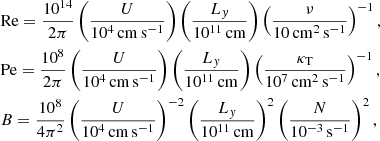 Mathematical equation: $$ \begin{aligned}&\mathrm{Re}=\frac{10^{14}}{2\pi }\left(\frac{U}{10^4\,\mathrm{cm\,s^{-1}}}\right)\left(\frac{L_{ y}}{10^{11}\,\mathrm{cm}} \right)\left(\frac{\nu }{10\,\mathrm{cm^{2}\,s^{-1}}} \right)^{-1},\\&\mathrm{Pe}=\frac{10^{8}}{2\pi }\left(\frac{U}{10^4\,\mathrm{cm\,s^{-1}}} \right)\left(\frac{L_{ y}}{10^{11}\,\mathrm{cm}} \right)\left(\frac{\kappa _{\rm T}}{10^7\,\mathrm{cm^{2}\,s^{-1}}} \right)^{-1},\\&B=\frac{10^{8}}{4\pi ^2} \left(\frac{U}{10^4\,\mathrm{cm\,s^{-1}}} \right)^{-2} \left(\frac{L_{ y}}{10^{11}\,\mathrm{cm}}\right)^2 \left(\frac{N}{10^{-3}\,\mathrm{s^{-1}}} \right)^2, \end{aligned} $$