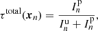 Mathematical equation: $$ \begin{aligned} \tau ^\mathrm{{total}}(\boldsymbol{x}_n) = \frac{I^\mathrm{{p}}_n}{I^\mathrm{{u}}_n + I^\mathrm{{p}}_n }, \end{aligned} $$